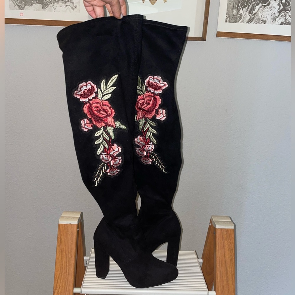 Floral Embroidered Over the Knee Boots - Black